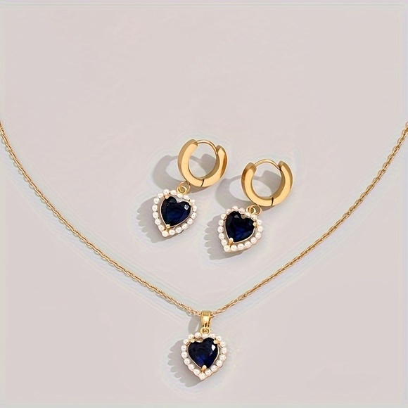18K Gold Plated Love Heart Pendant Earrings + Necklace Set - Picture 5 of 5
